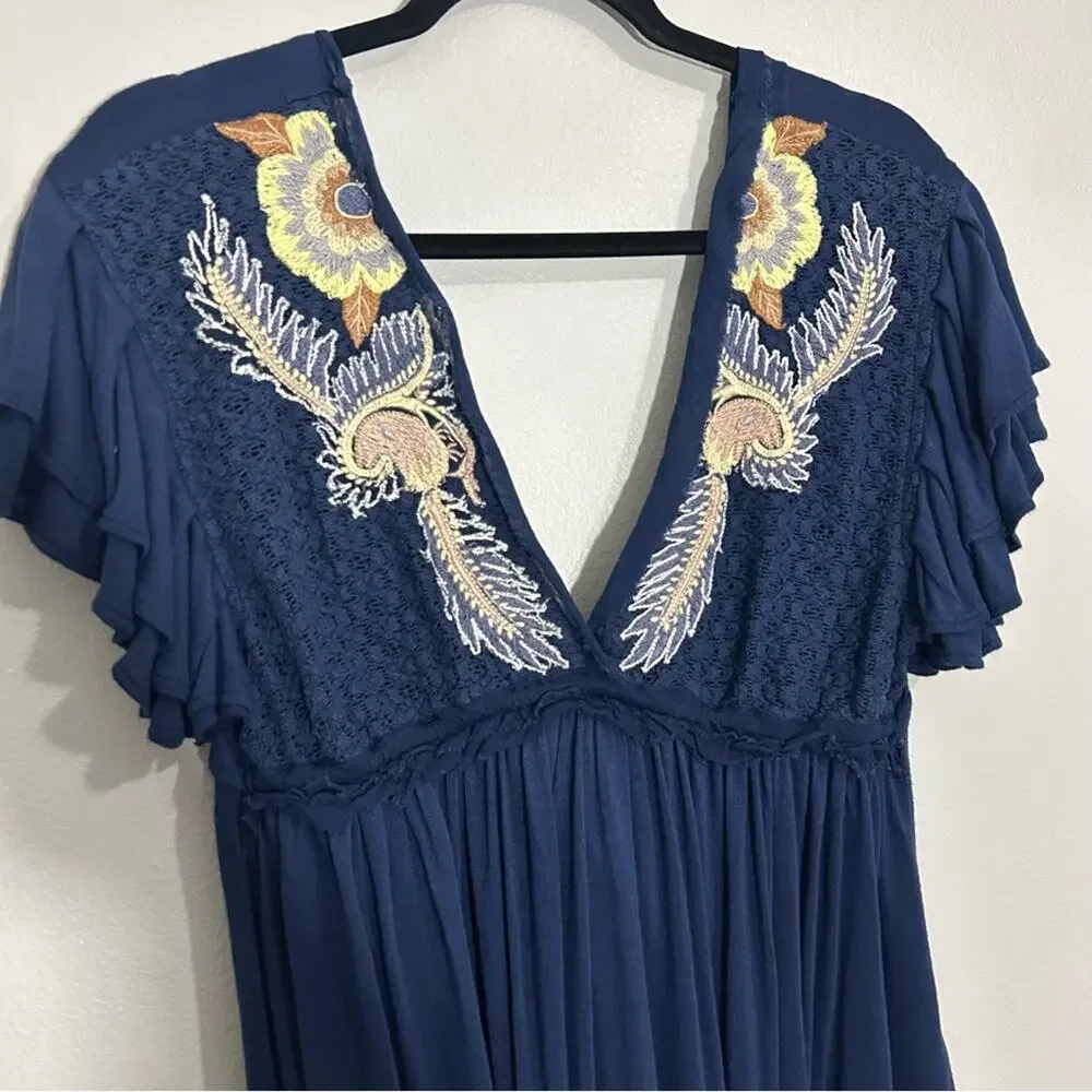 Free People Fiesta Nueva Tunic Top Embroidered Open-Back Blue Size Small
